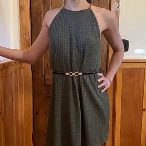 Elegant Dusty Olive Green Halter Sweater Dress
